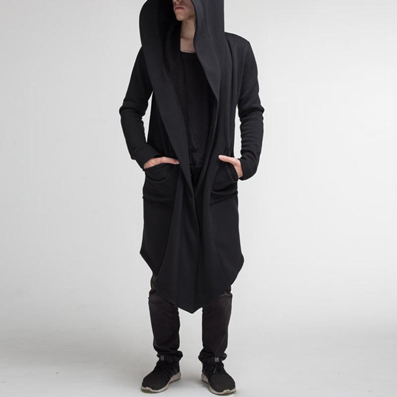 Mens Casual Solid Color Mid-Length Loose Long Sleeve Hooded Cardigan 08529757Z
