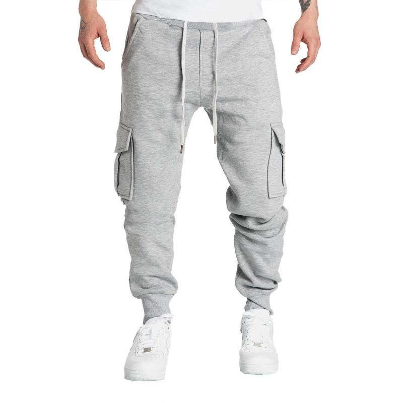 Mens Solid Fleece Multi-pocket Elastic Waist Sports Trousers 90538121Z
