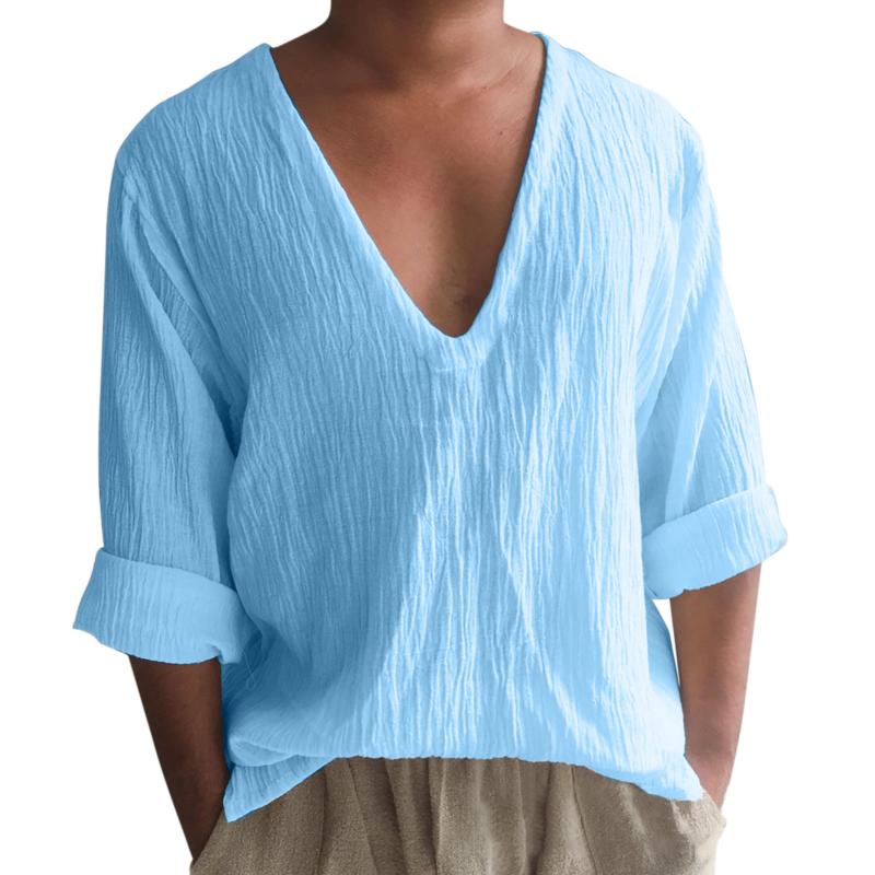 Mens V Neck Long Sleeve Washed Cotton Shirt 84384967Z