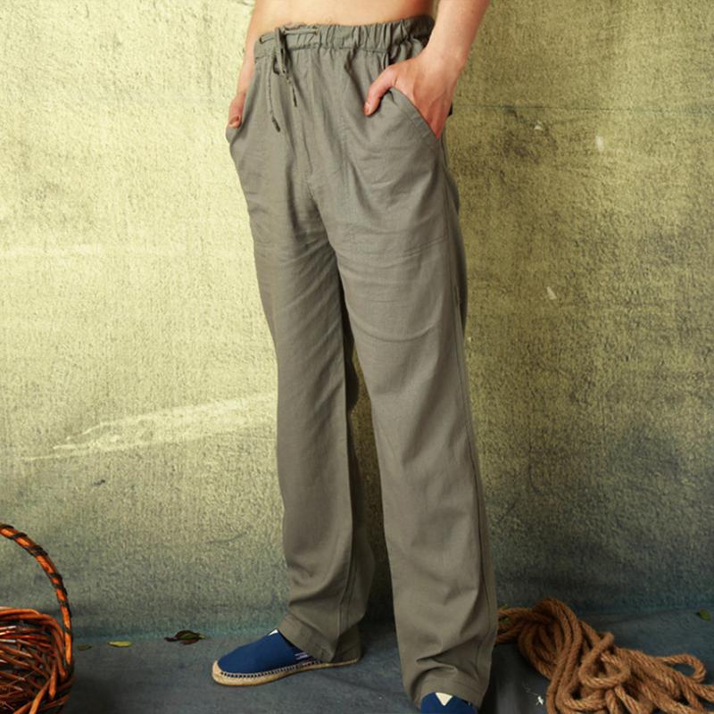 Mens Solid Loose Linen Drawstring Elastic Waist Casual Pants 17384655Z