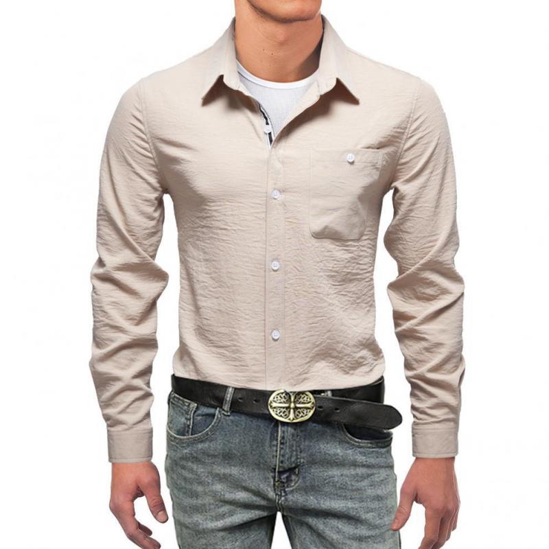 Mens Solid Cotton Linen Lapel Long Sleeve Casual Shirt 07037470Z