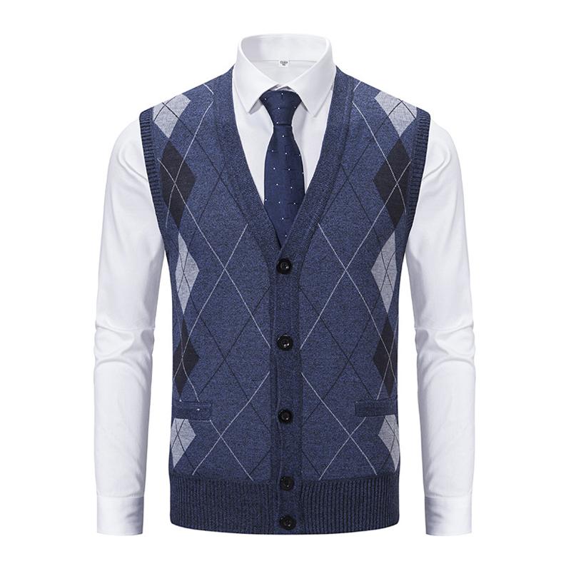 Mens Retro Rhombus Lattice Single Breasted Knit Vest 82510289Z