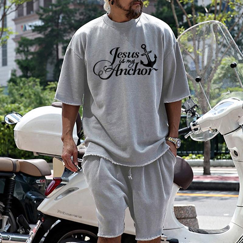 Mens Fashion Loose Christian Quote Print Short Sleeve T-Shirt and Shorts Set 79492365Z