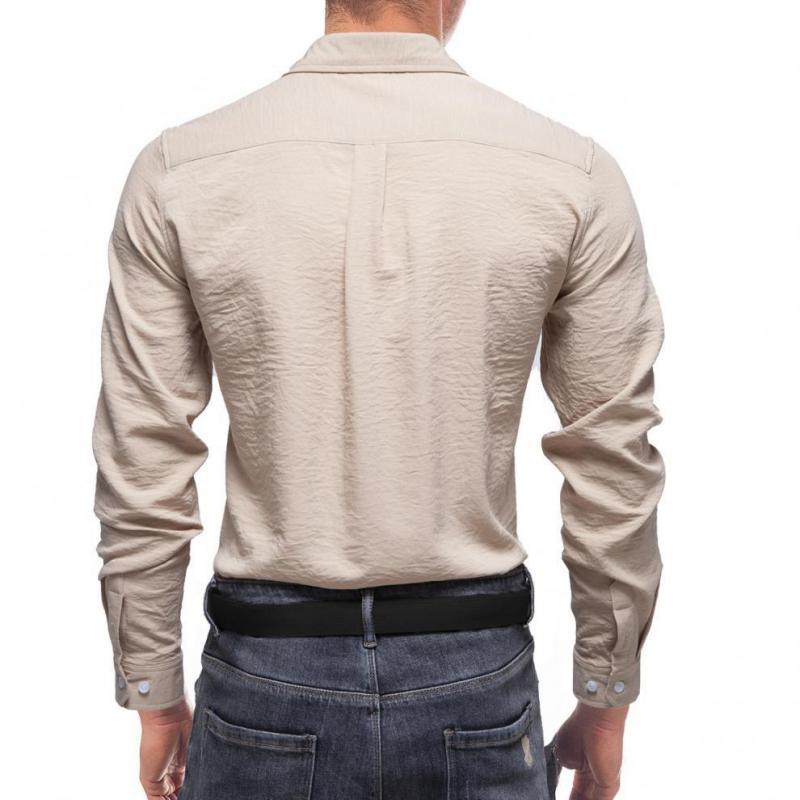 Mens Solid Cotton Linen Lapel Long Sleeve Casual Shirt 07037470Z