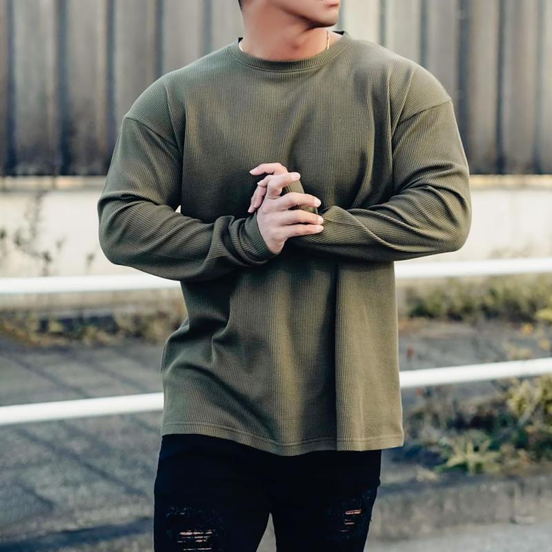 Mens Solid Color Loose Round Neck Long Sleeve T-shirt 92840256Z