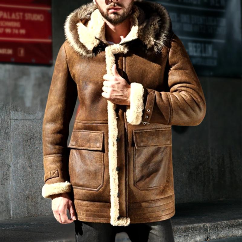 Mens Thickened Warm Faux Fur Hooded Pockets Mid-length Coat 78090106Z