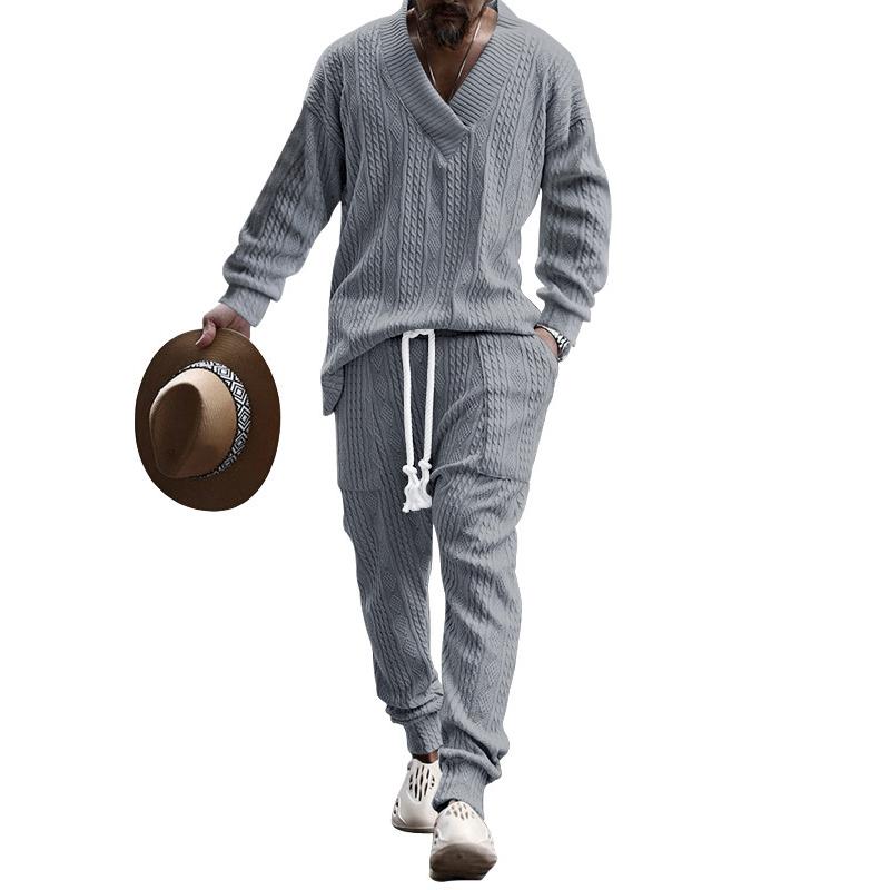Mens Solid V-Neck Jacquard Knitwear Long Sleeve Top And Trousers Set 04682453Z