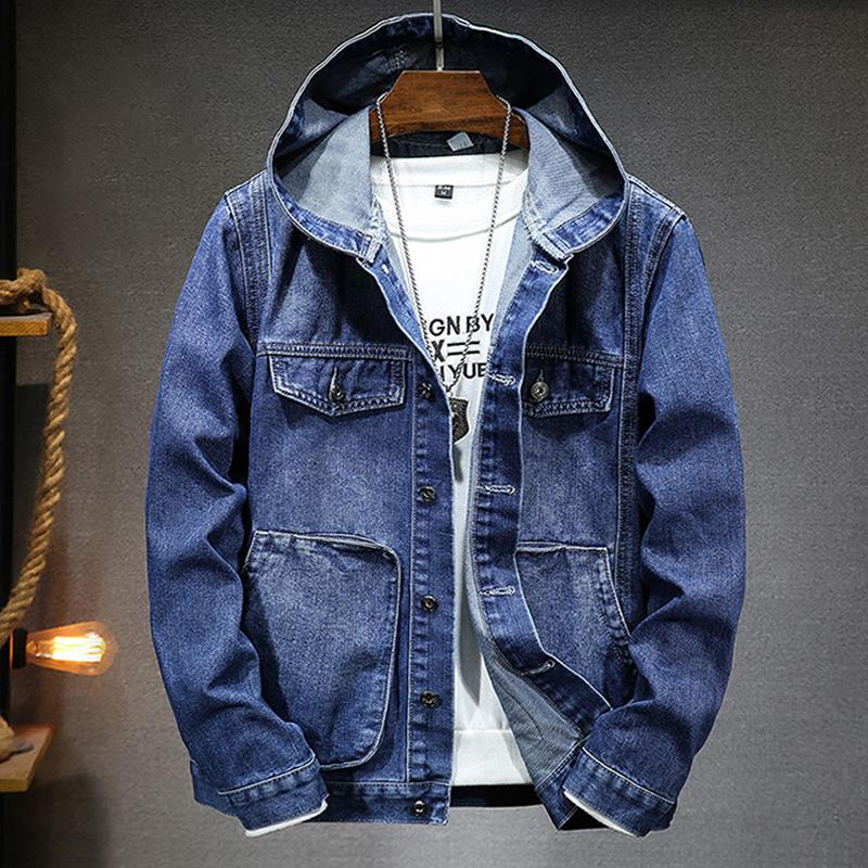Mens Retro Washed Hooded Multi-pocket Denim Jacket 83429358Z