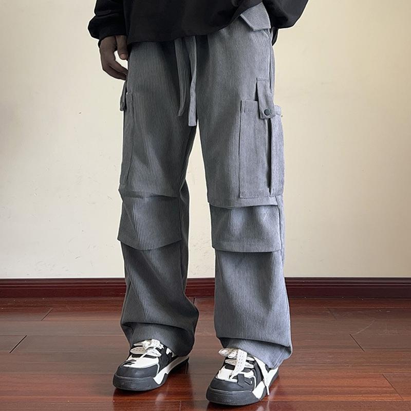 Mens Solid Corduroy Multi-pocket Elastic Waist Loose Cargo Pants 21951086Z