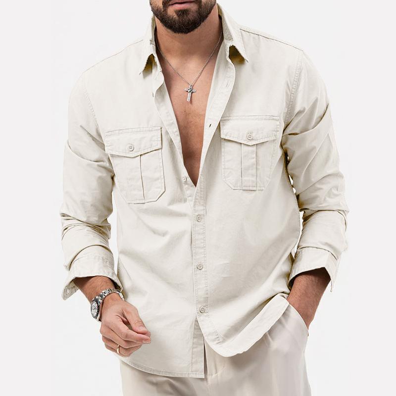 Mens Solid Lapel Breast Pocket Long Sleeve Cargo Shirt 02290668Z
