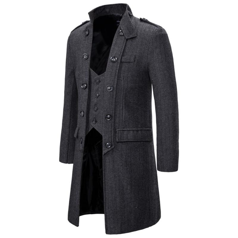 Mens Vintage Stand Collar Herringbone Fake Two Piece Coat 79986497M