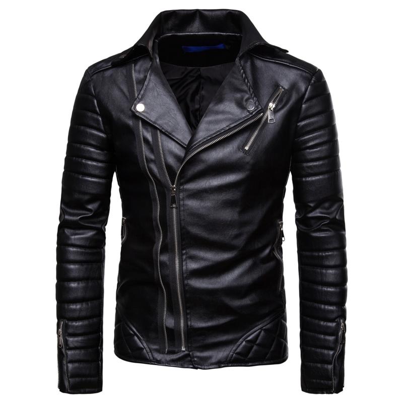 Mens Vintage Distressed Panel Zipper Lapel Long Sleeve Leather Jacket 68752078M