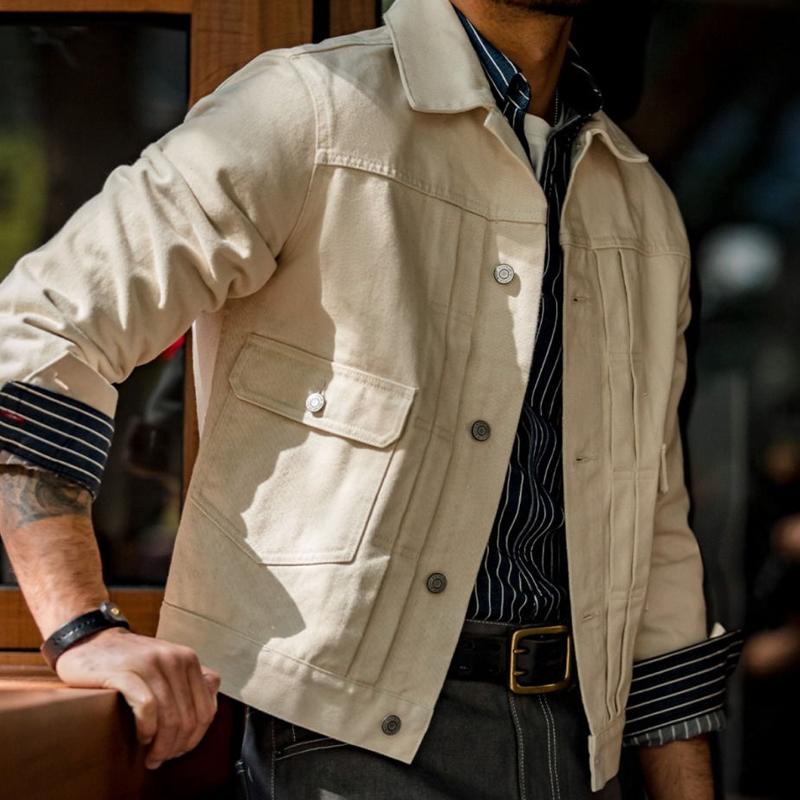 Mens Vintage Lapel Single Breasted Denim Cargo Jacket 30212092Z