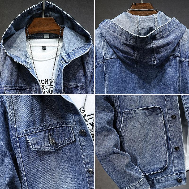 Mens Retro Washed Hooded Multi-pocket Denim Jacket 83429358Z