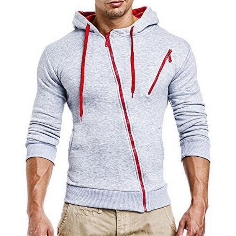 Mens Color-block Diagonal Zipper Long Sleeve Casual Hoodie 75932713Z