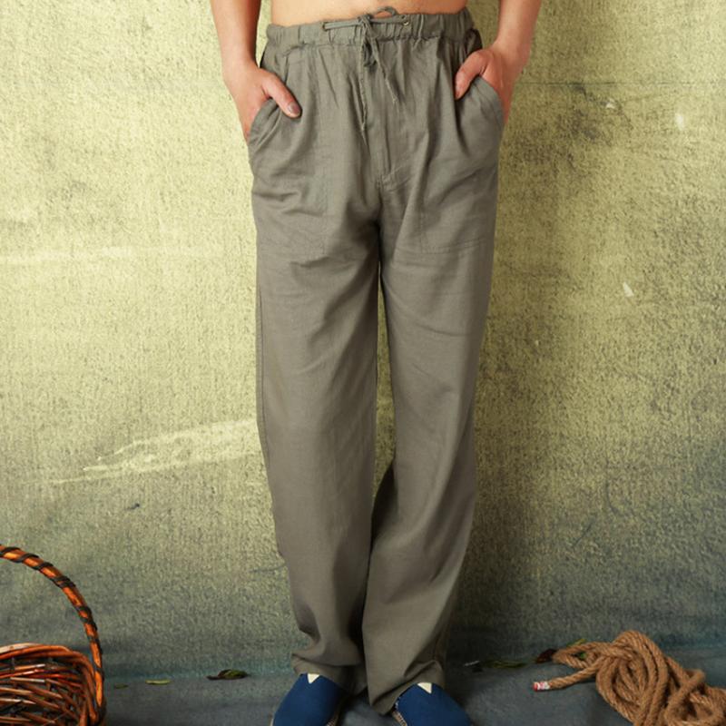 Mens Solid Loose Linen Drawstring Elastic Waist Casual Pants 17384655Z