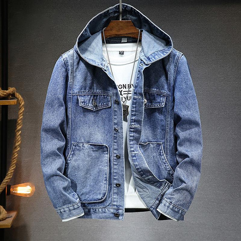 Mens Retro Washed Hooded Multi-pocket Denim Jacket 83429358Z