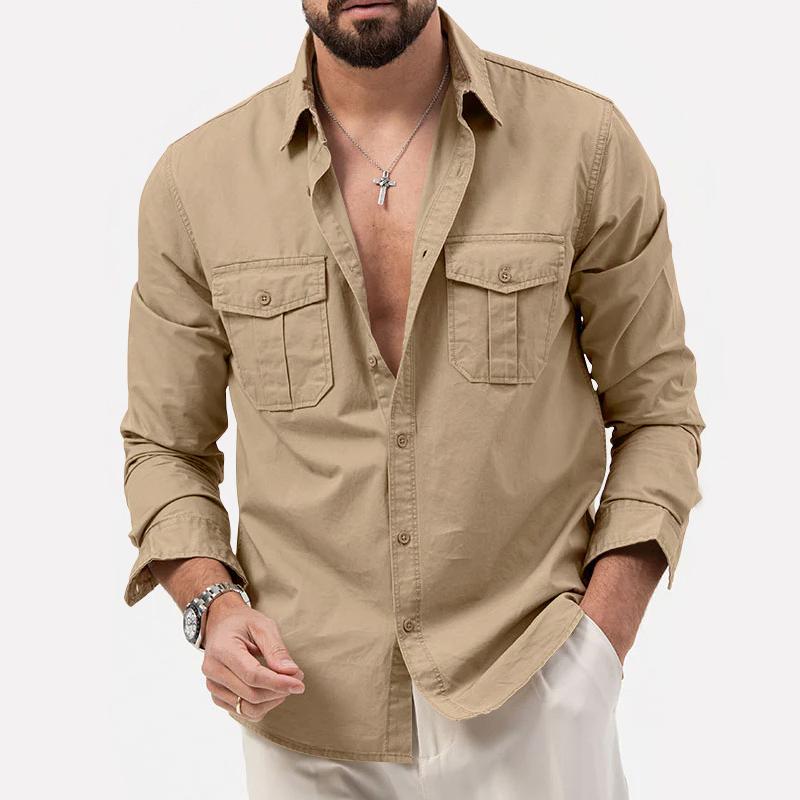 Mens Solid Lapel Breast Pocket Long Sleeve Cargo Shirt 02290668Z