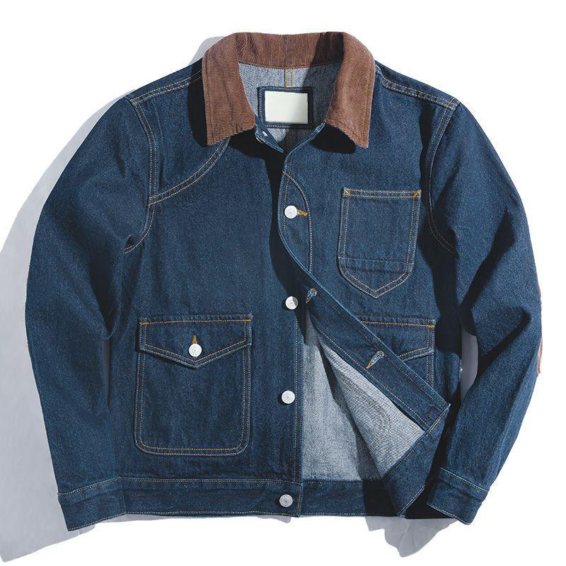 Mens Retro Colorblock Lapel Multi-pocket Denim Jacket 22779889Z