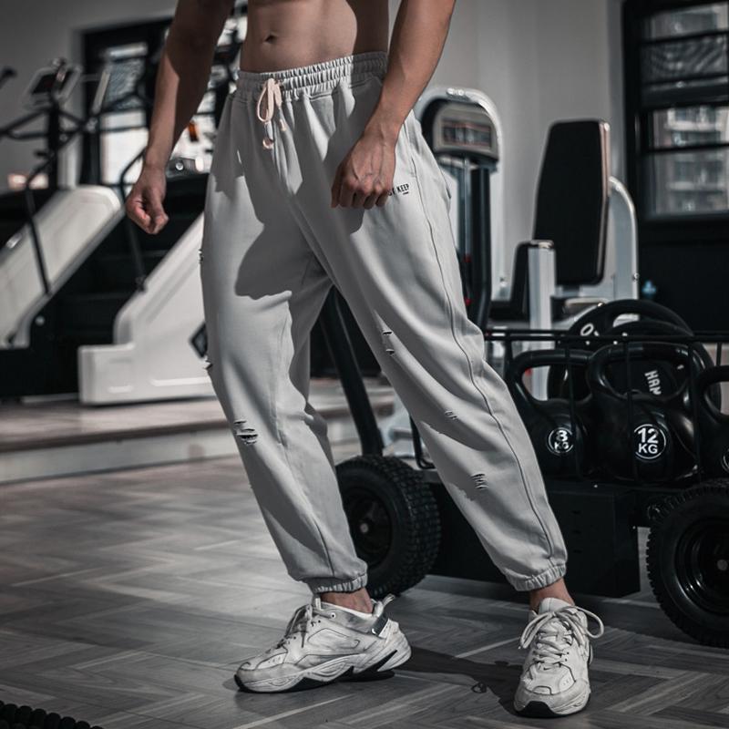 Mens Solid Cotton Holes Loose Sports Fitness Casual Trousers 09609887Z