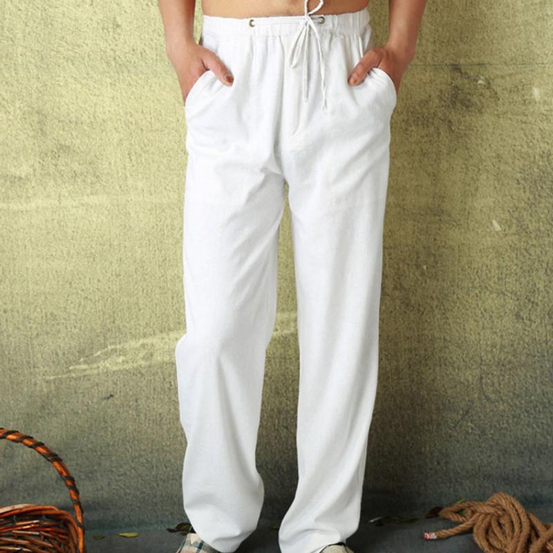Mens Solid Loose Linen Drawstring Elastic Waist Casual Pants 17384655Z