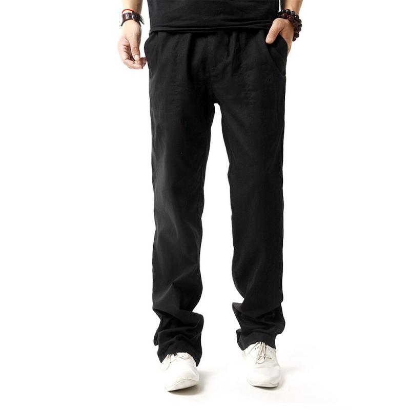 Mens Solid Straight Linen Elastic Waist Casual Pants 30995013Z