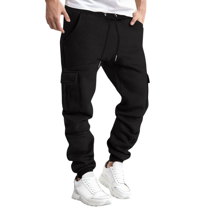 Mens Solid Color Loose Elastic Waist Multi-pocket Thickened Casual Pants 92158056Z