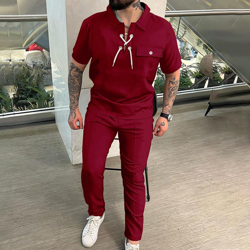 Mens Solid Lapel Lace-up Short Sleeve Top Trousers Casual Set 42388086Z
