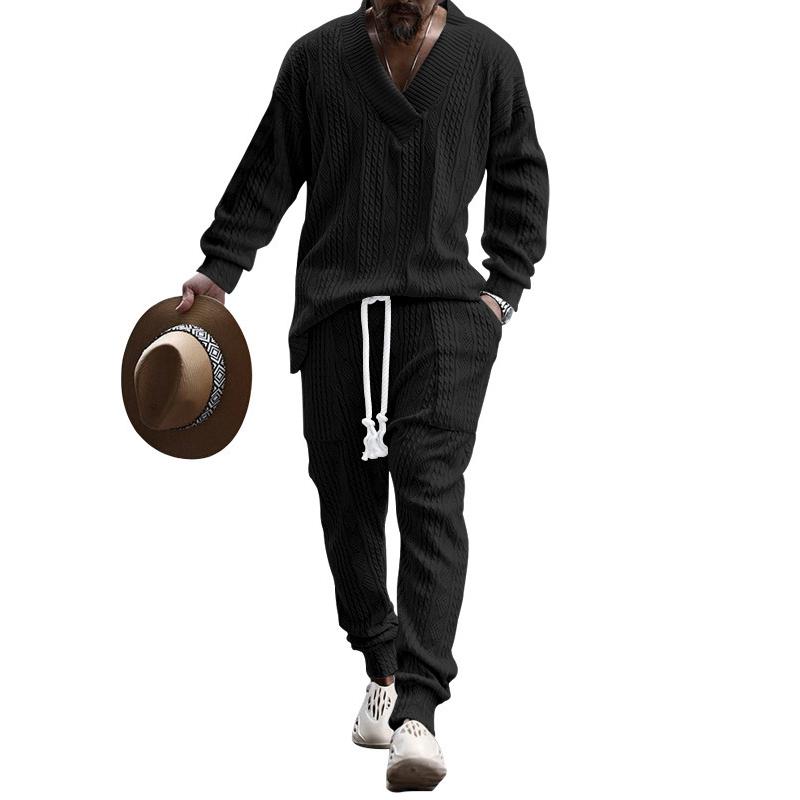 Mens Solid V-Neck Jacquard Knitwear Long Sleeve Top And Trousers Set 04682453Z