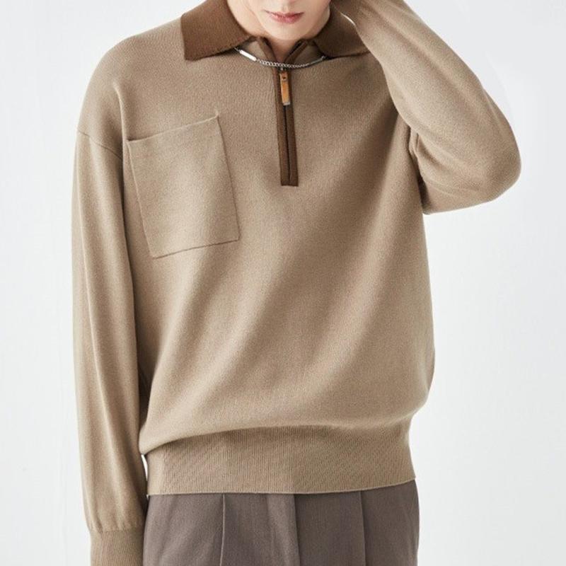 Mens Color Block Zipper Lapel Breast Pocket Long Sleeve Knit Polo Shirt 82740147Z