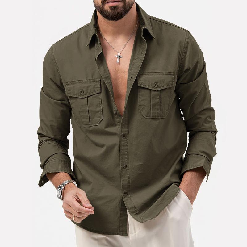 Mens Solid Lapel Breast Pocket Long Sleeve Cargo Shirt 02290668Z