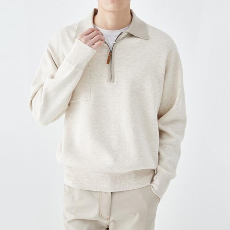 Mens Color Block Zipper Lapel Breast Pocket Long Sleeve Knit Polo Shirt 82740147Z