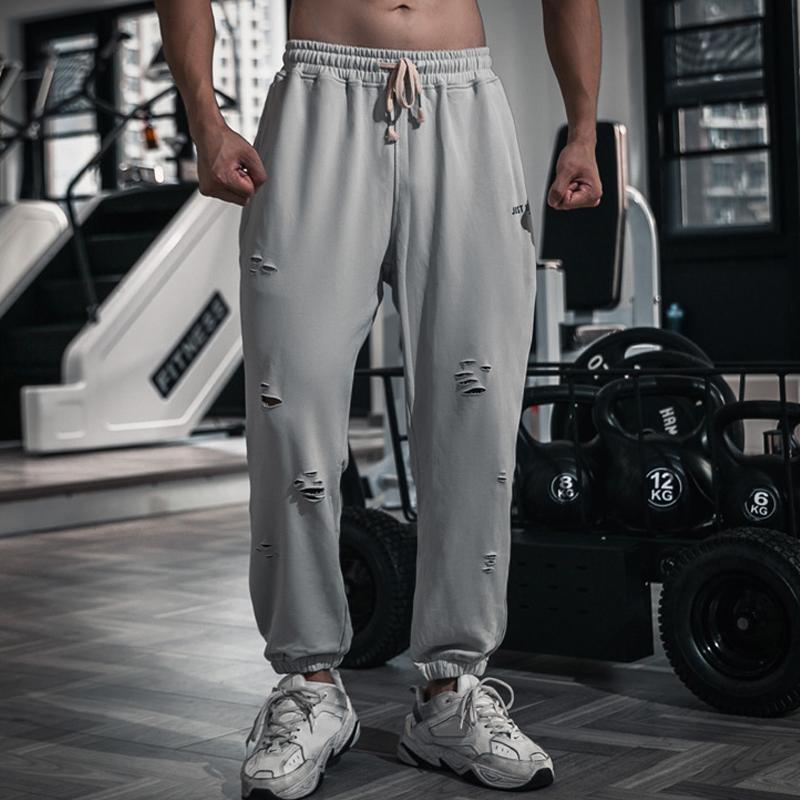 Mens Solid Cotton Holes Loose Sports Fitness Casual Trousers 09609887Z