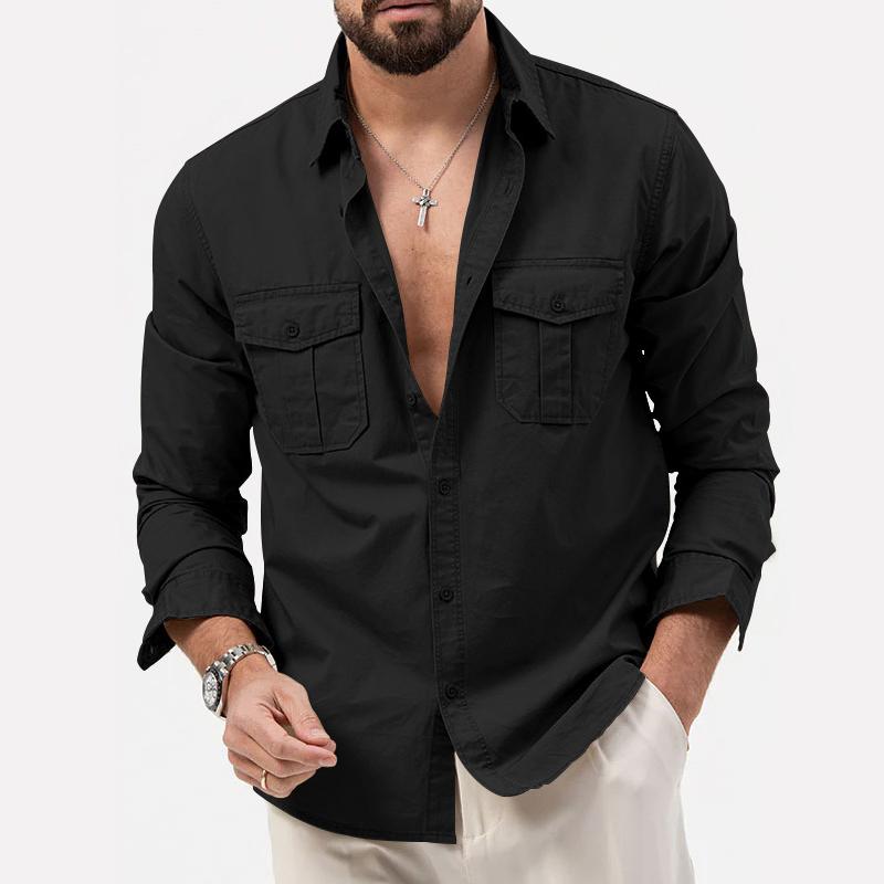 Mens Solid Lapel Breast Pocket Long Sleeve Cargo Shirt 02290668Z