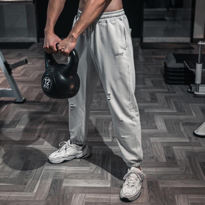 Mens Solid Cotton Holes Loose Sports Fitness Casual Trousers 09609887Z