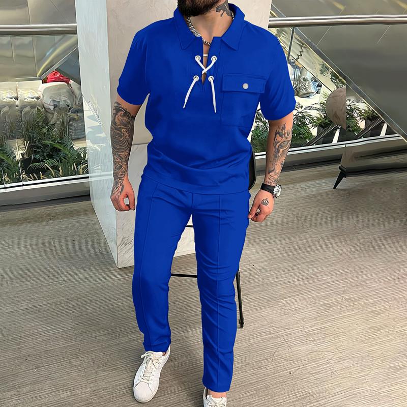 Mens Solid Lapel Lace-up Short Sleeve Top Trousers Casual Set 42388086Z