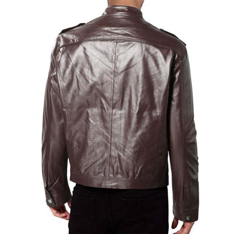 Mens Vintage Patchwork Stand Collar Zipper Motorcycle Leather Jacket 87958383M