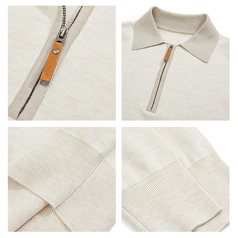 Mens Color Block Zipper Lapel Breast Pocket Long Sleeve Knit Polo Shirt 82740147Z