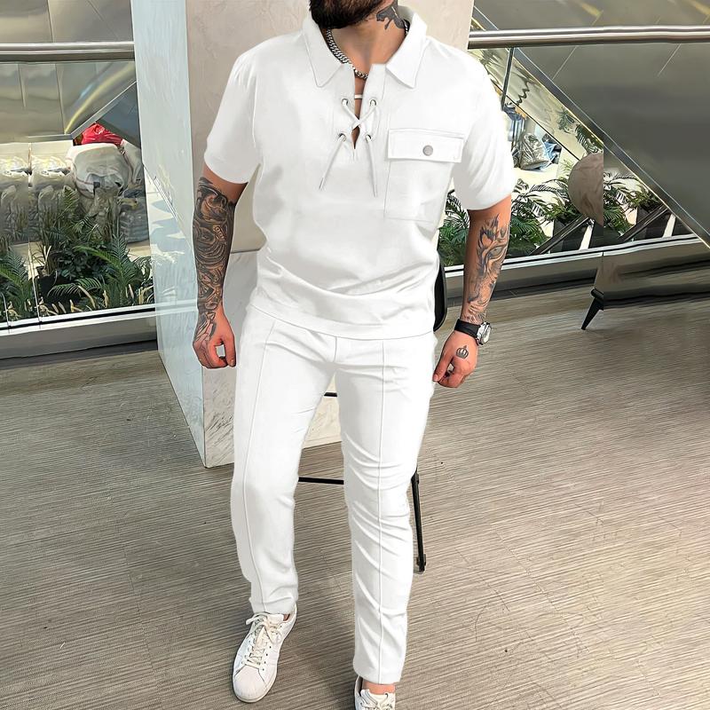 Mens Solid Lapel Lace-up Short Sleeve Top Trousers Casual Set 42388086Z