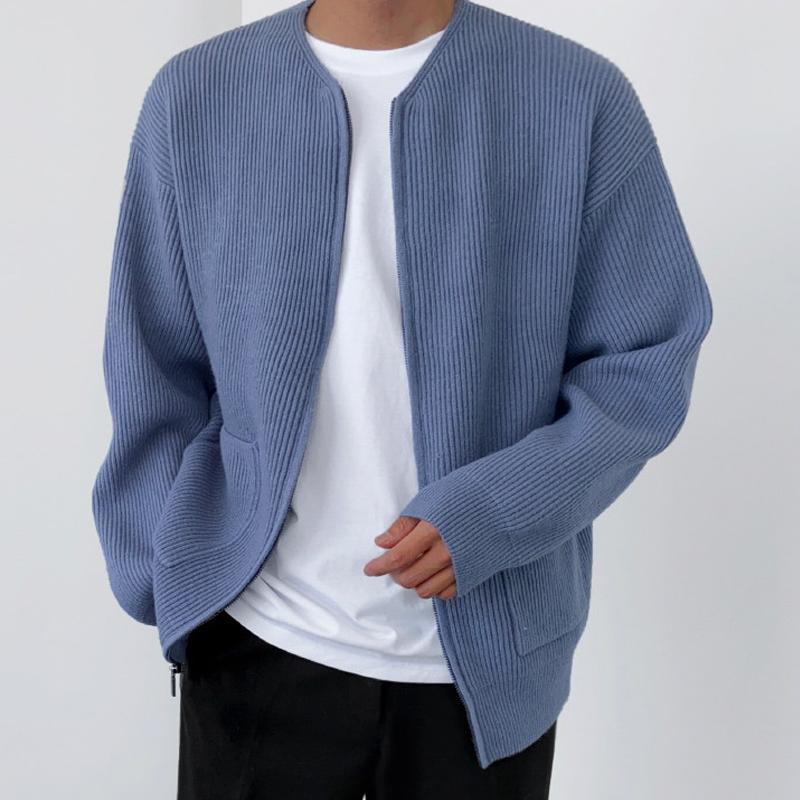 Mens Solid Round Neck Pockets Zipper Knit Cardigan 88622783Z