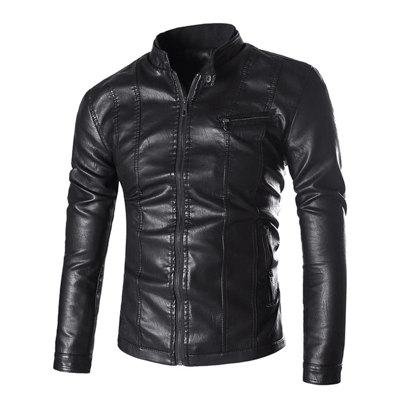 Mens Stand Collar Zip Slim Pu Leather Bike Jacket 15252134Z