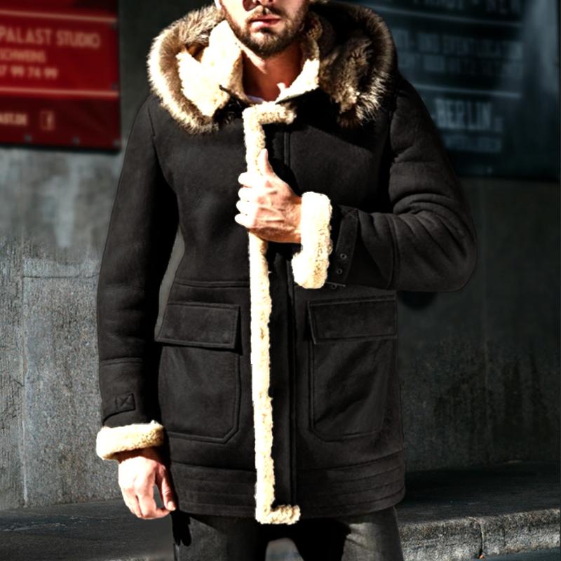 Mens Thickened Warm Faux Fur Hooded Pockets Mid-length Coat 78090106Z