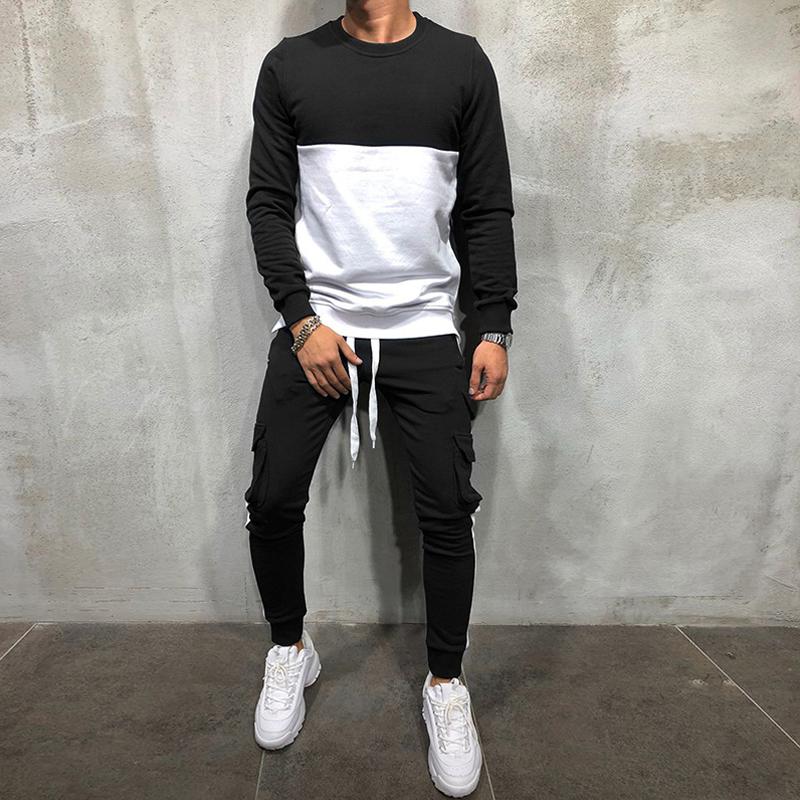 Mens Colorblock Round Neck Long Sleeve Sweatshirt Trousers Set 98502181Z
