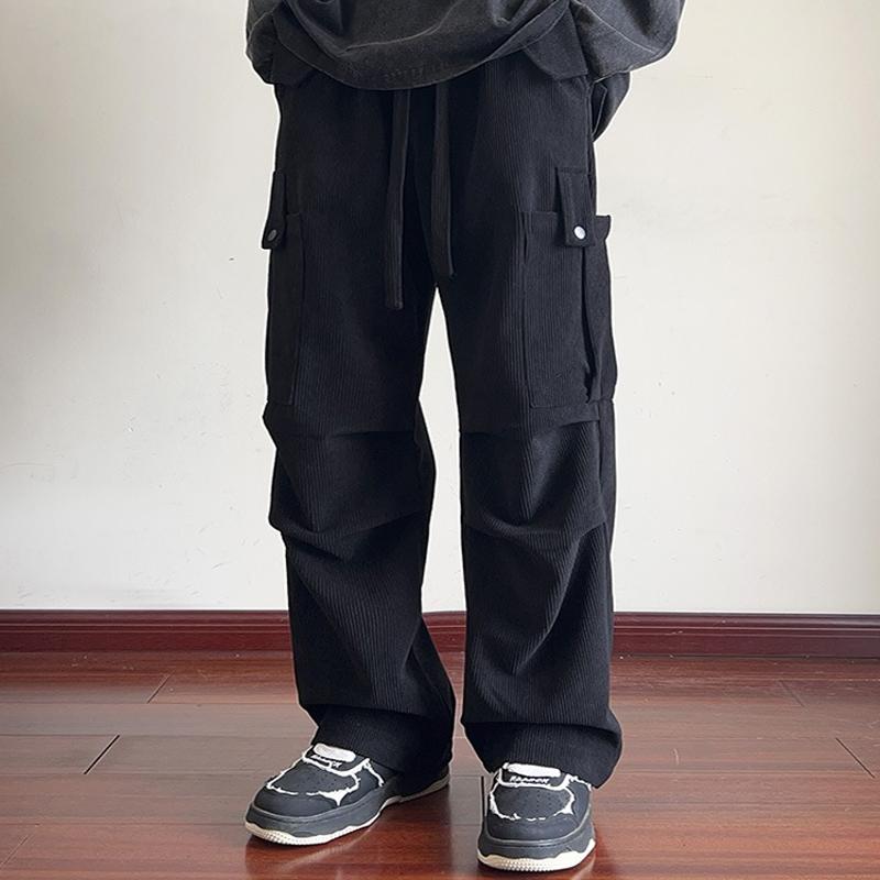 Mens Solid Corduroy Multi-pocket Elastic Waist Loose Cargo Pants 21951086Z