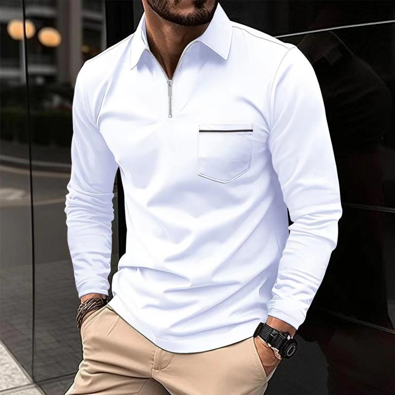 Mens Solid Zipper Lapel Breast Pocket Long Sleeve Polo Shirt 49740491Z