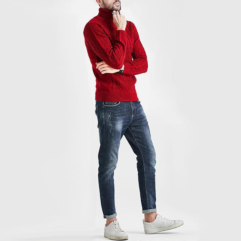 Mens Solid High Collar Long Sleeve Cable Knit Sweater 18417126Z