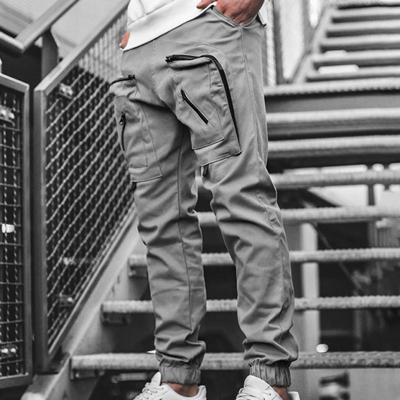 Mens Solid Multi-pocket Cargo Casual Trousers 18043826Z