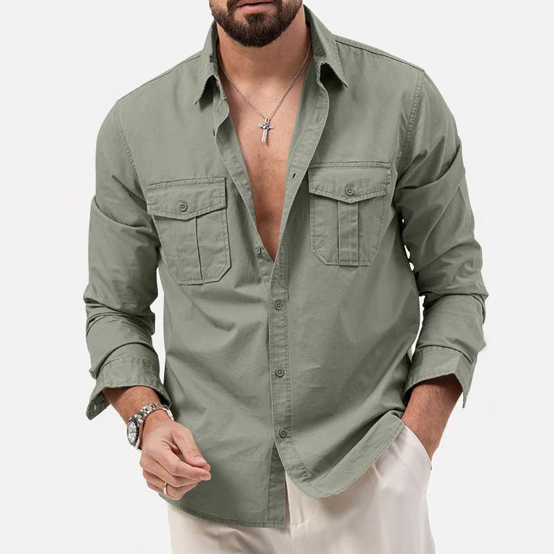 Mens Solid Lapel Breast Pocket Long Sleeve Cargo Shirt 02290668Z
