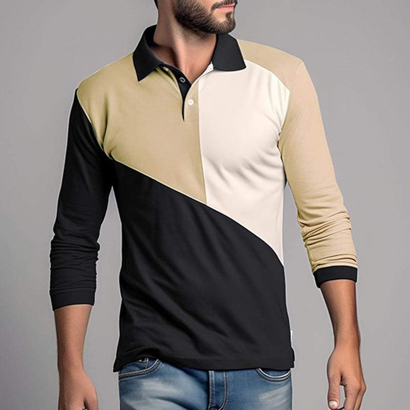 Mens Color Block Lapel Long Sleeve Casual Polo Shirt 46370091Z