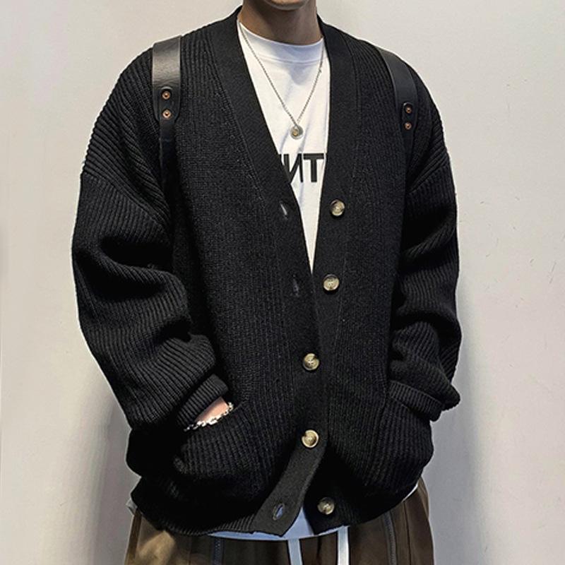 Mens V-Neck Retro Solid Color Sweater Cardigan 53838153Z